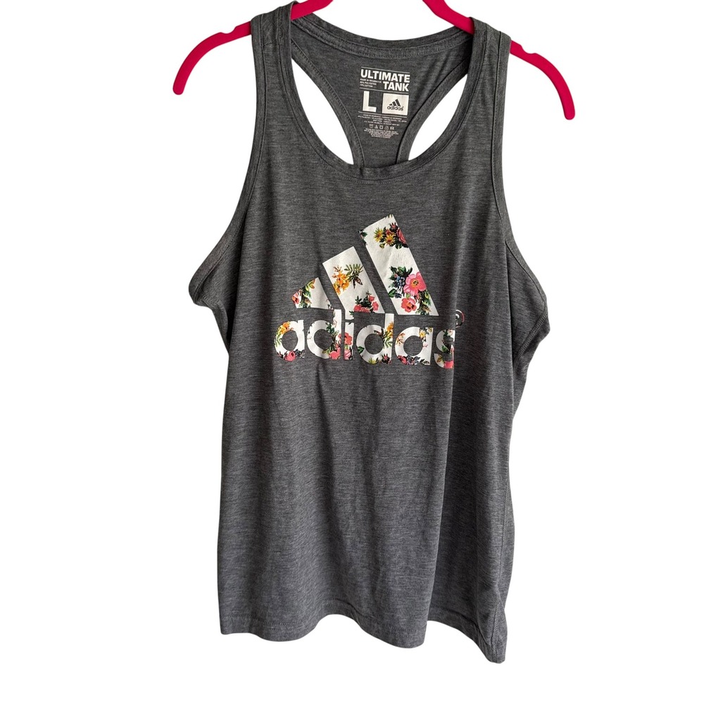 ADIDAS Gray‎ Floral Logo Racer Ultimate Activewear Ladies Tank, L